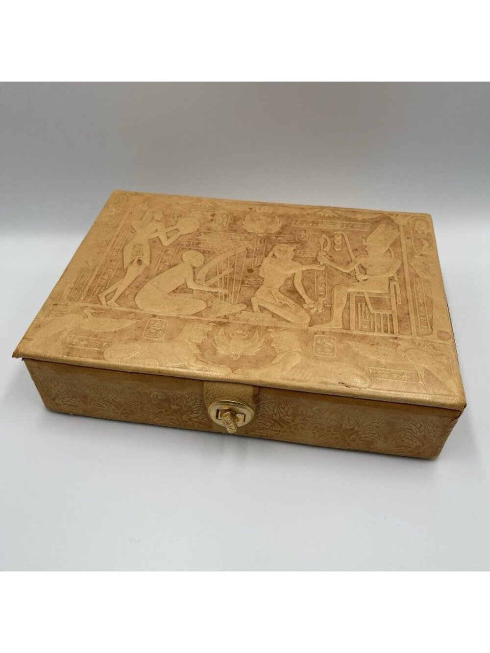 Vintage Handmade Embossed Leather Egyptian Theme Jewelry Box Trinket Storage Box
